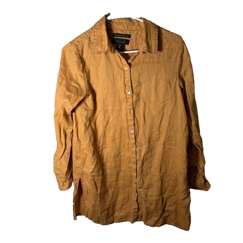 Tahari Dress Women's Small 100% Linen Shirt Button Up Mustard Collared